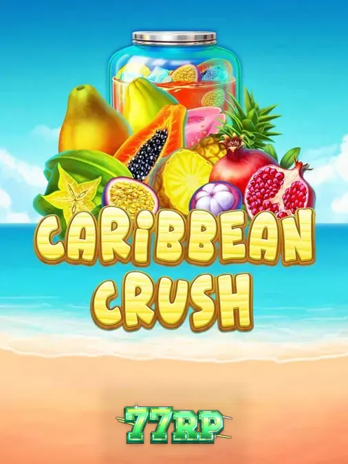 Ilustrasi pantai tropis dengan simbol buah-buahan eksotis di slot Caribbean Crush